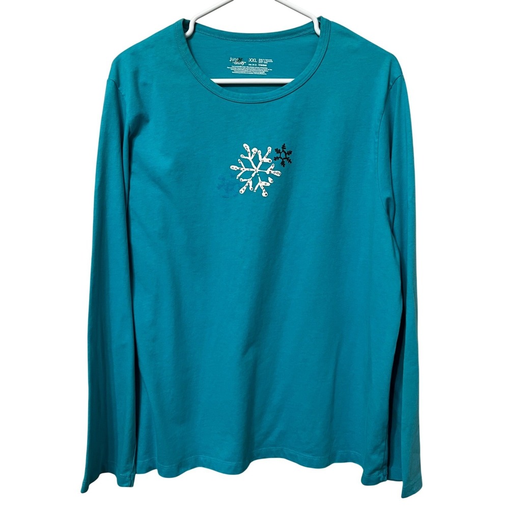 June & Daisy Teal Long‎ Sleeve Snowflake T Shirt Women's Plus Size XXL